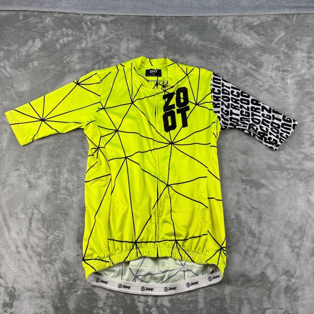 Zoot Cycling Jersey Mens M Sports Racing Neon Yellow Geometric Short Sleeve EUC
